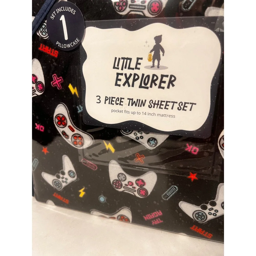 Little Explorer Twin Sheet Set 3pc Video Game Controller Gamer Black Blue New